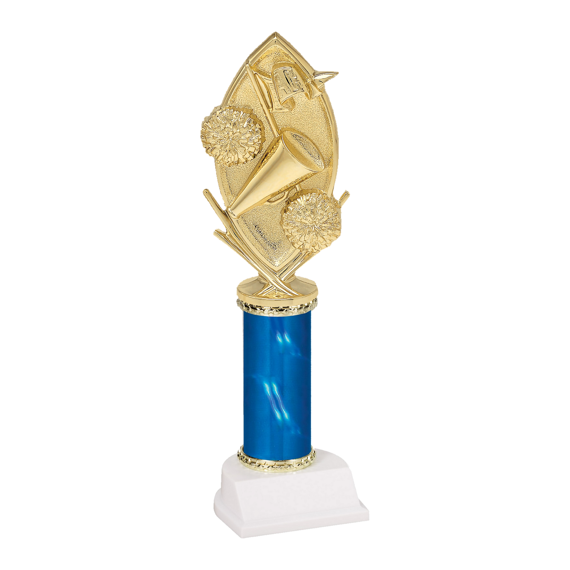 Champion Series Cheerleading Trophy - Megaphone & Pom-Poms, gold megaphone with two pom-poms and crossed batons on a blue column with white base