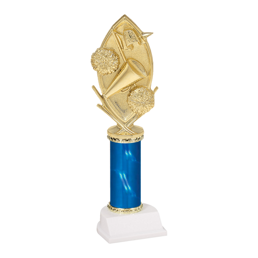 Champion Series Cheerleading Trophy - Megaphone & Pom-Poms, gold megaphone with two pom-poms and crossed batons on a blue column with white base