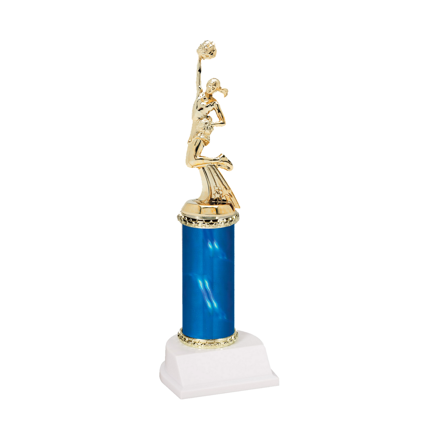 Champion Series Cheerleading Trophy, cheerleader with a pom-pom raised overhead on a blue column with white base