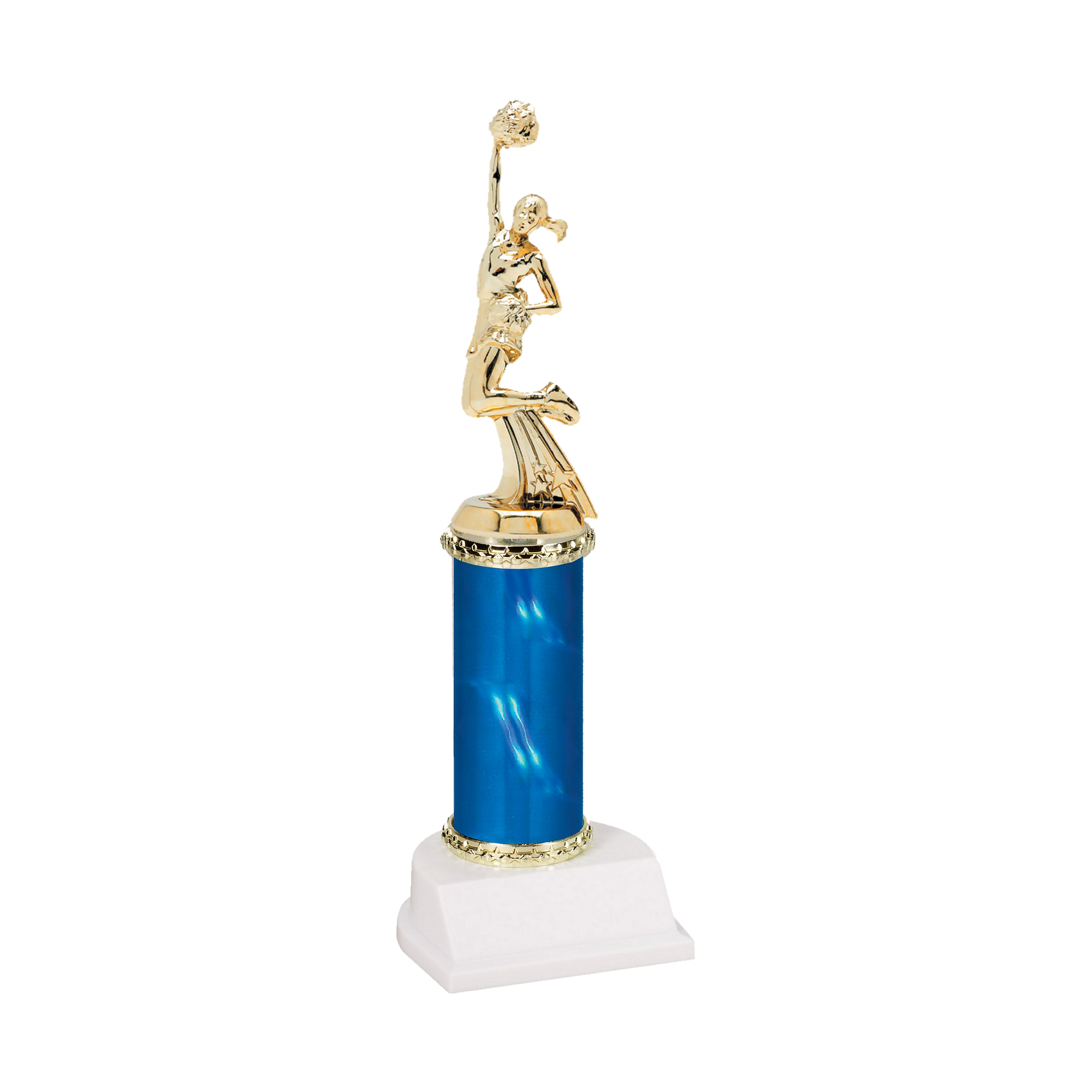 Champion Series Cheerleading Trophy, cheerleader with a pom-pom raised overhead on a blue column with white base