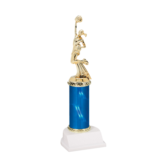 Champion Series Cheerleading Trophy, cheerleader with a pom-pom raised overhead on a blue column with white base