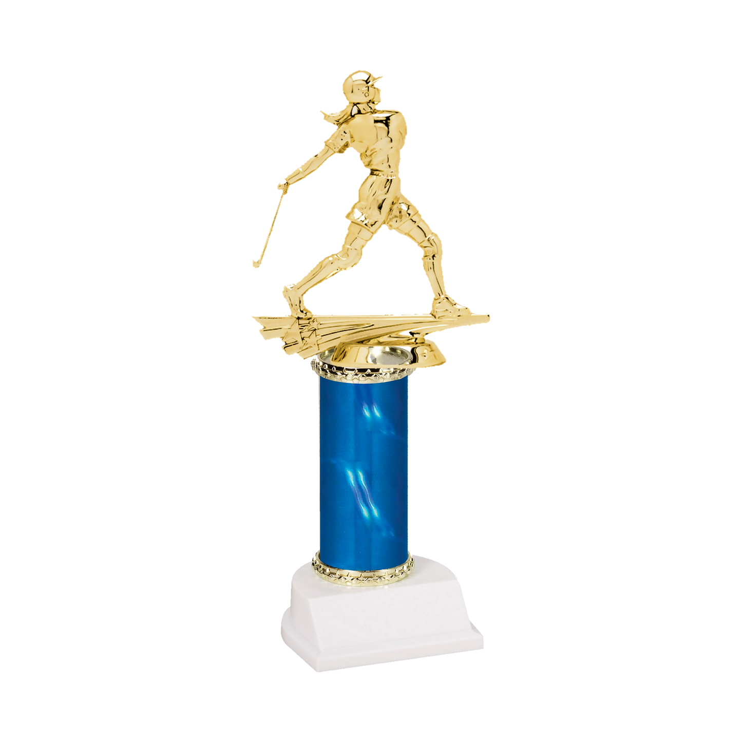 Champion Series Softball Trophy - Batter, softball batter in a helmet finishing her swing on a blue column with white base