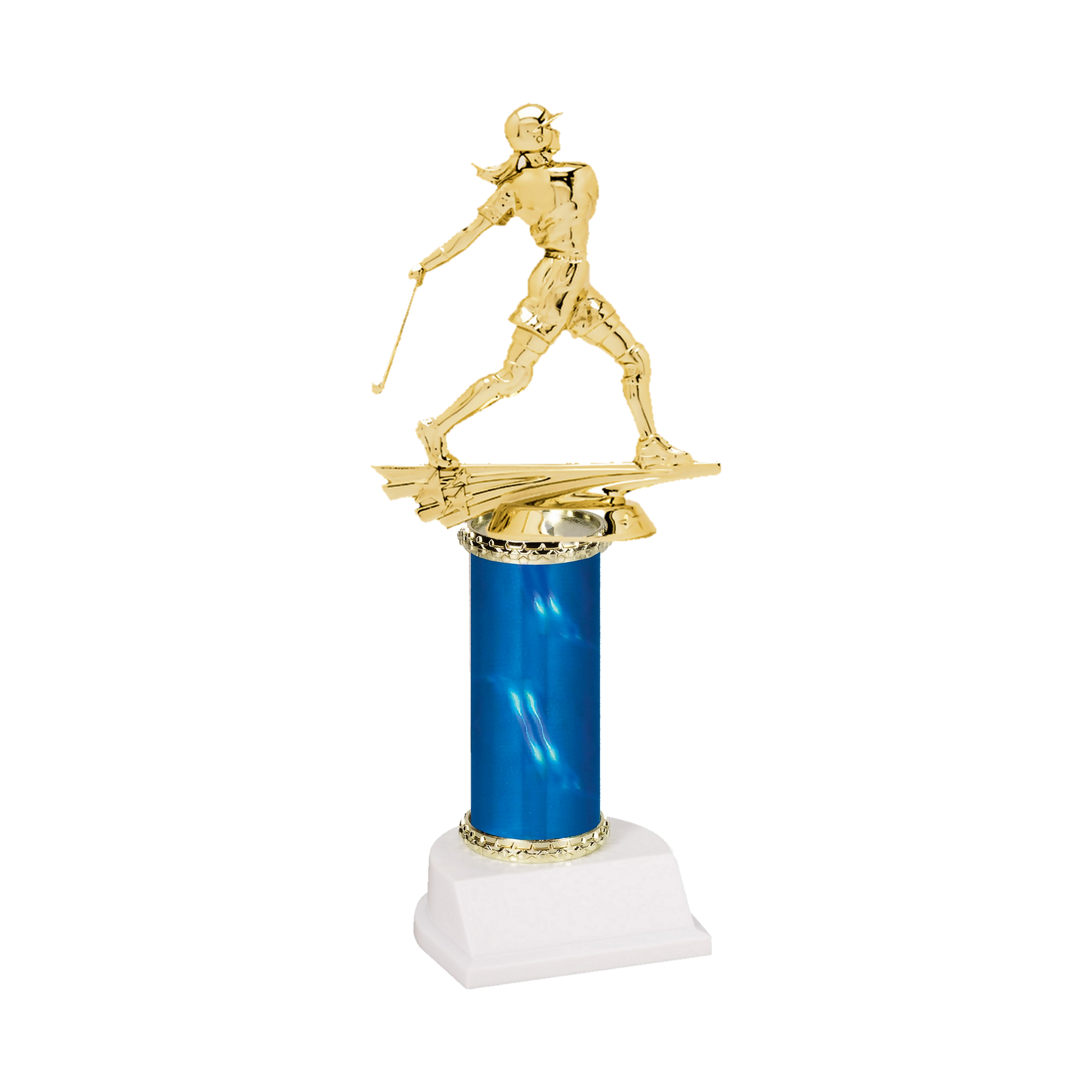 Champion Series Softball Trophy - Batter, softball batter in a helmet finishing her swing on a blue column with white base