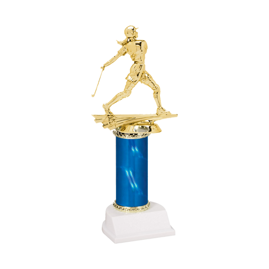Champion Series Softball Trophy - Batter, softball batter in a helmet finishing her swing on a blue column with white base