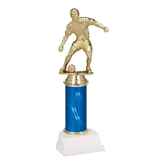 11 inch Champion Series soccer trophy, male figure on blue column with white base