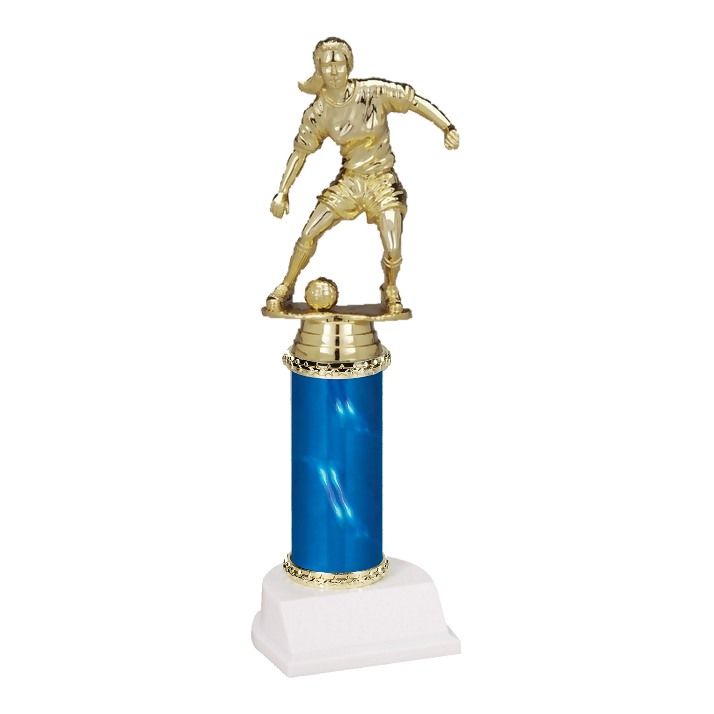 11 inch Champion Series soccer trophy, female figure on blue column with white base