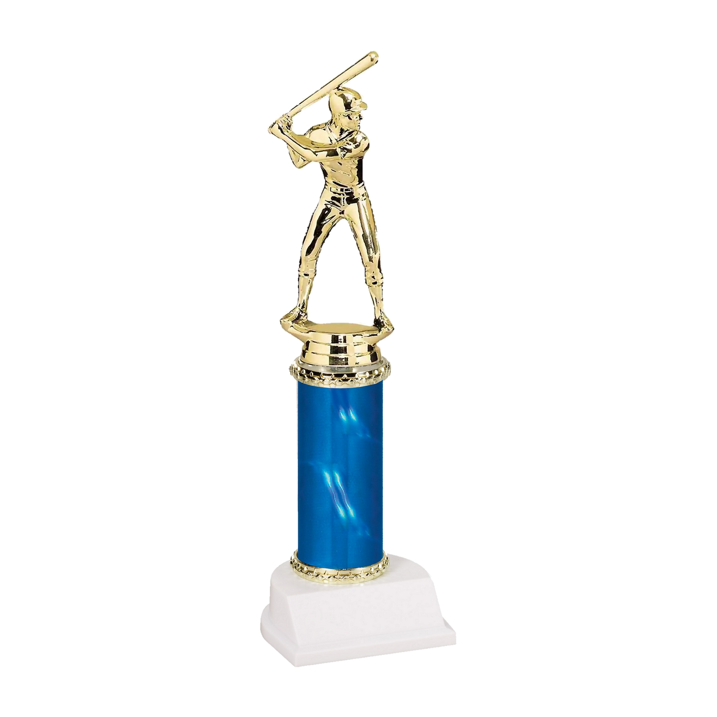 Champion Series Baseball Trophy - Power Hitter, baseball player in a batting helmet with the bat cocked back on a blue column with white base
