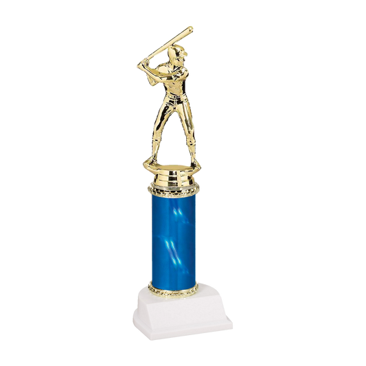 Champion Series Baseball Trophy - Power Hitter, baseball player in a batting helmet with the bat cocked back on a blue column with white base