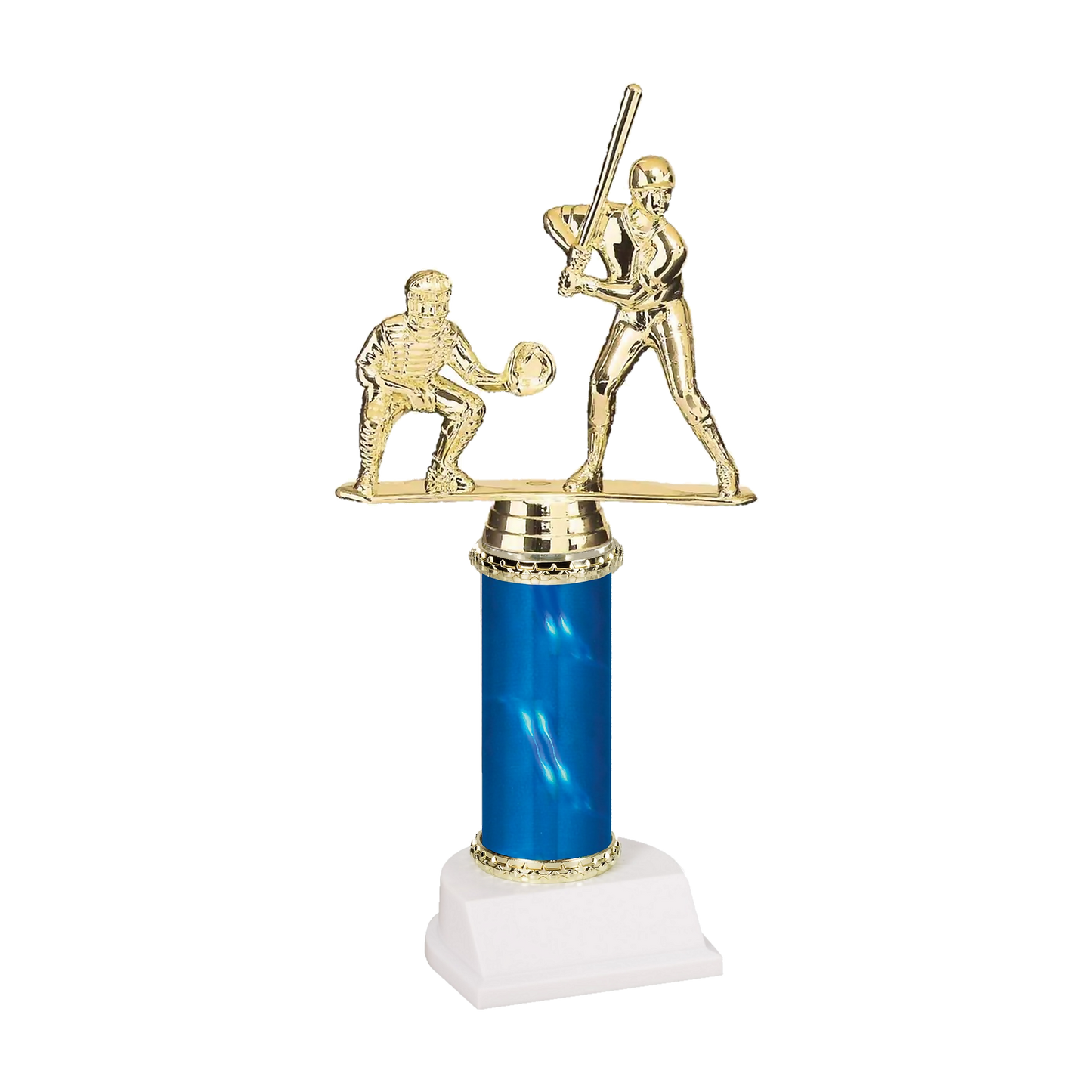 Champion Series Baseball Trophy - Batter & Catcher, baseball batter at the plate with a crouching catcher on a blue column with white base