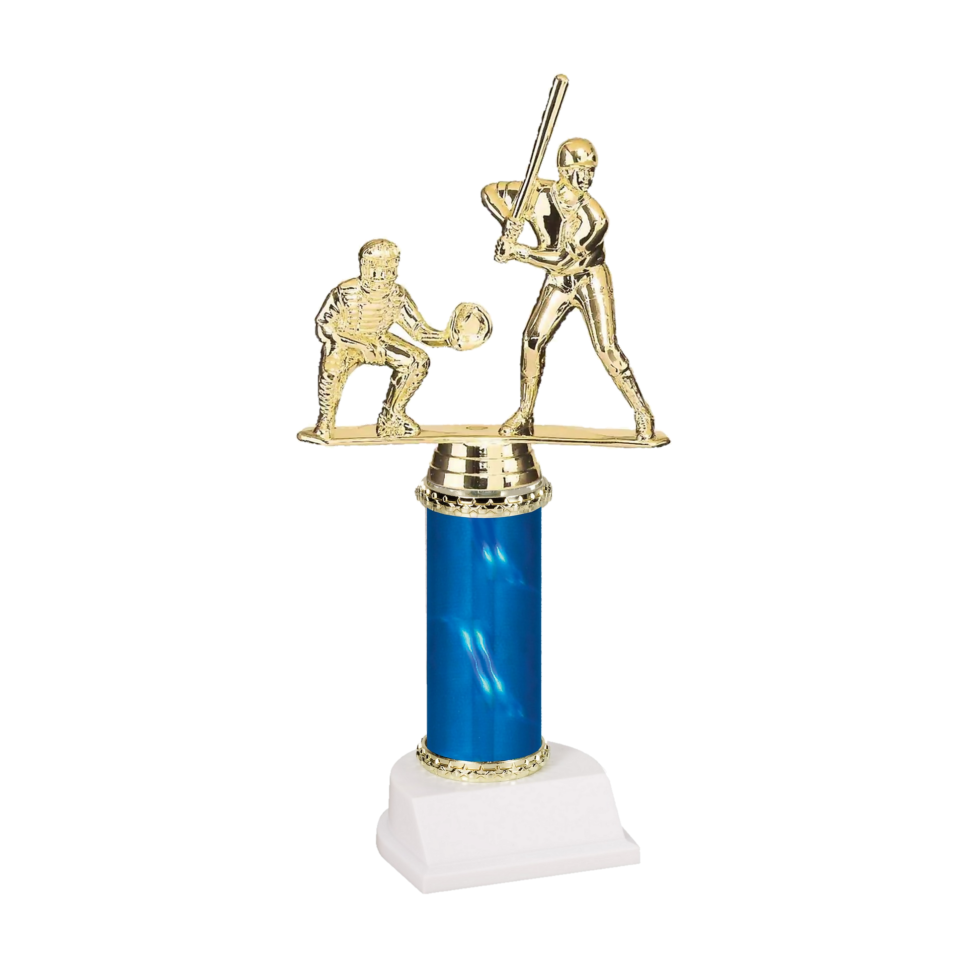 Champion Series Baseball Trophy - Batter & Catcher, baseball batter at the plate with a crouching catcher on a blue column with white base