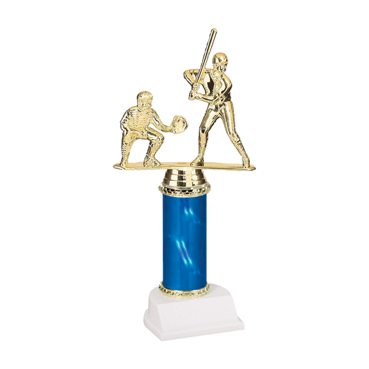 Champion Series Baseball Trophy - Batter & Catcher, baseball batter at the plate with a crouching catcher on a blue column with white base