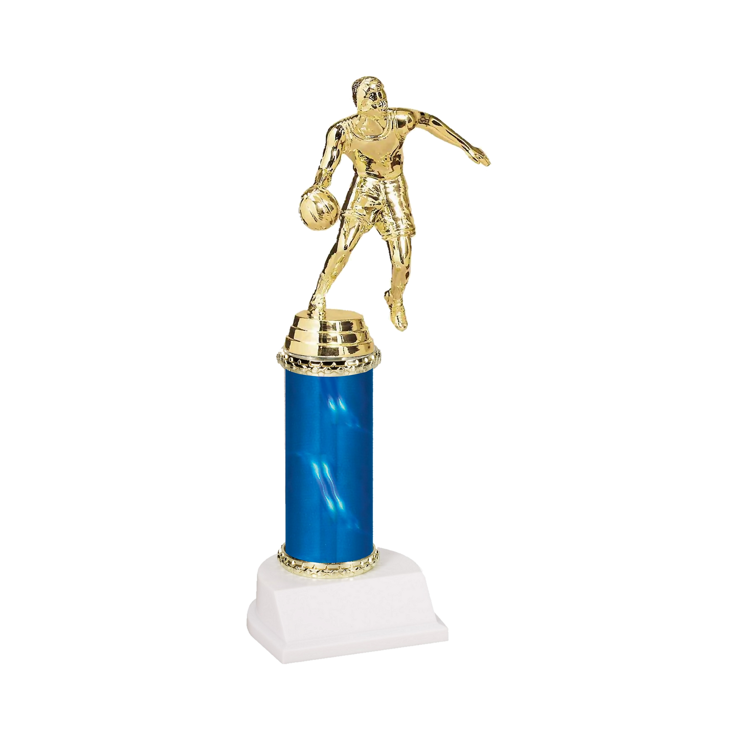 Champion Series Basketball Trophy - Dribbler, basketball player driving to the basket on a blue column with white base