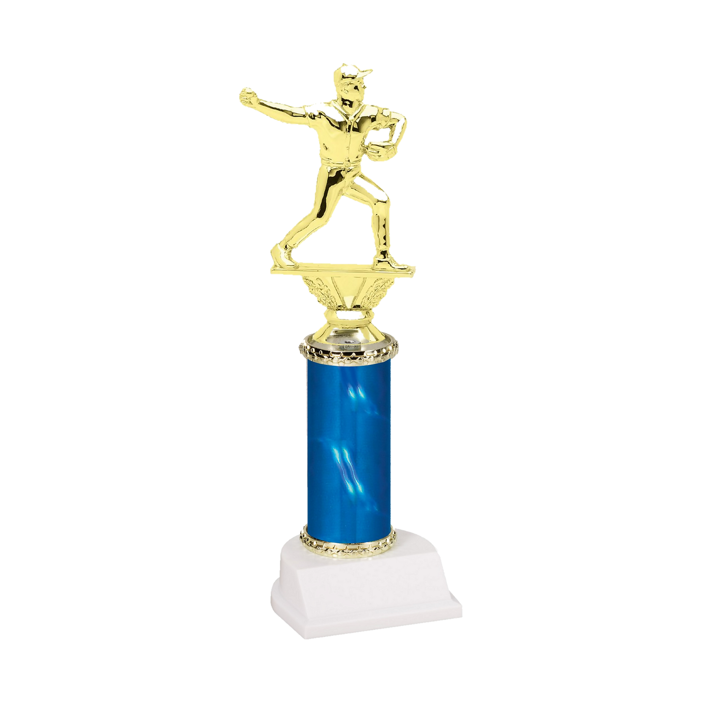 Champion Series Baseball Trophy - Pitcher, baseball pitcher winding up to deliver the pitch on a blue column with white base