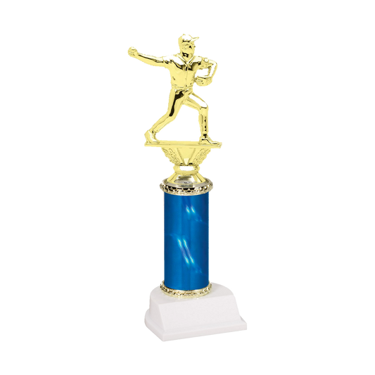 Champion Series Baseball Trophy - Pitcher, baseball pitcher winding up to deliver the pitch on a blue column with white base