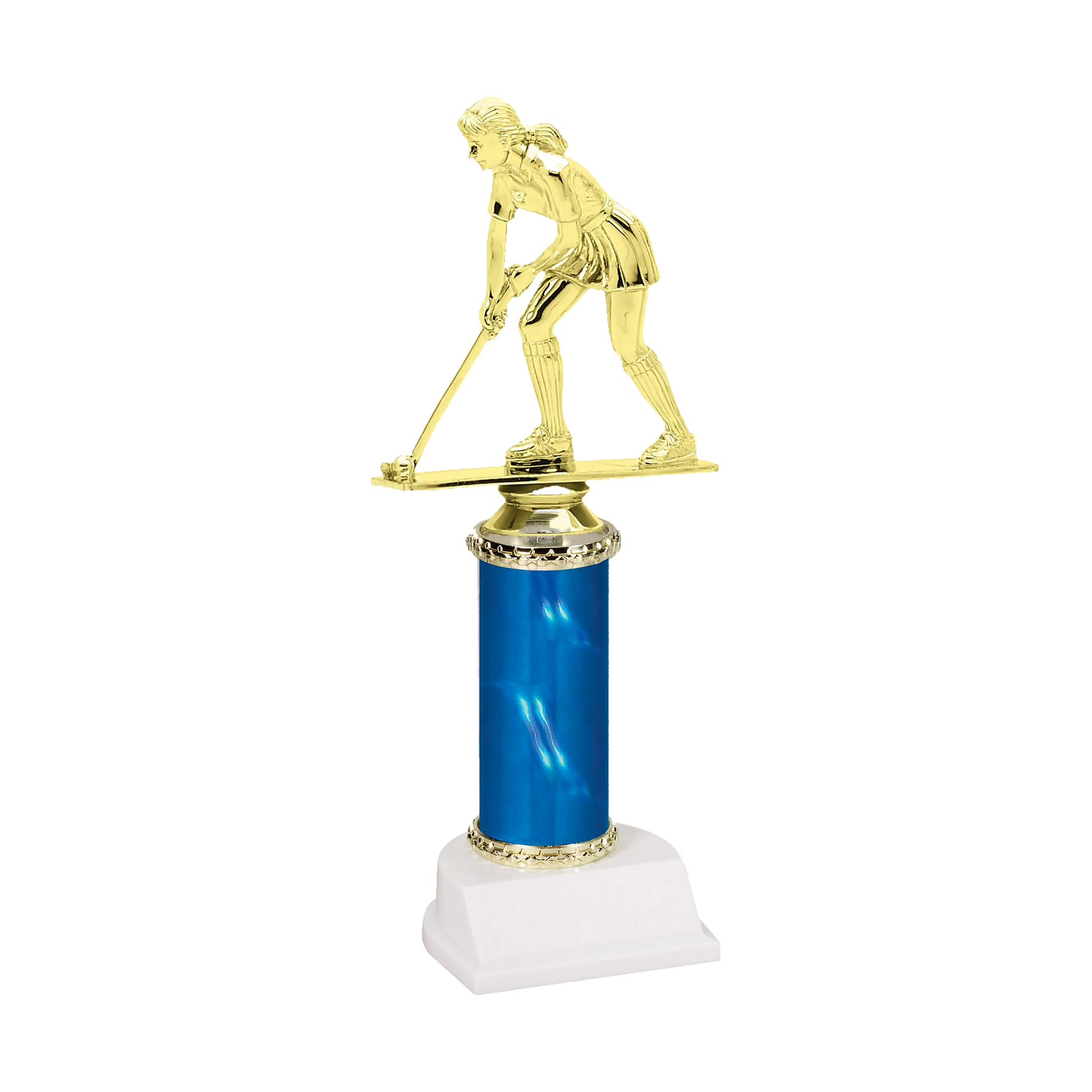 Champion Series Field Hockey Trophy, field hockey player driving the ball with her stick down on a blue column with white base