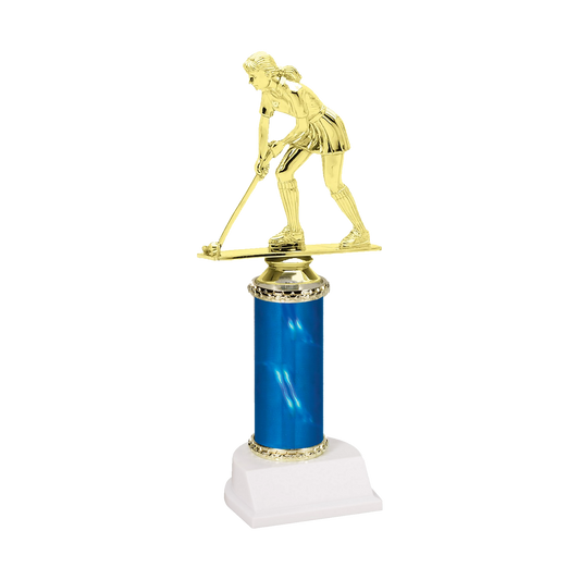 Champion Series Field Hockey Trophy, field hockey player driving the ball with her stick down on a blue column with white base