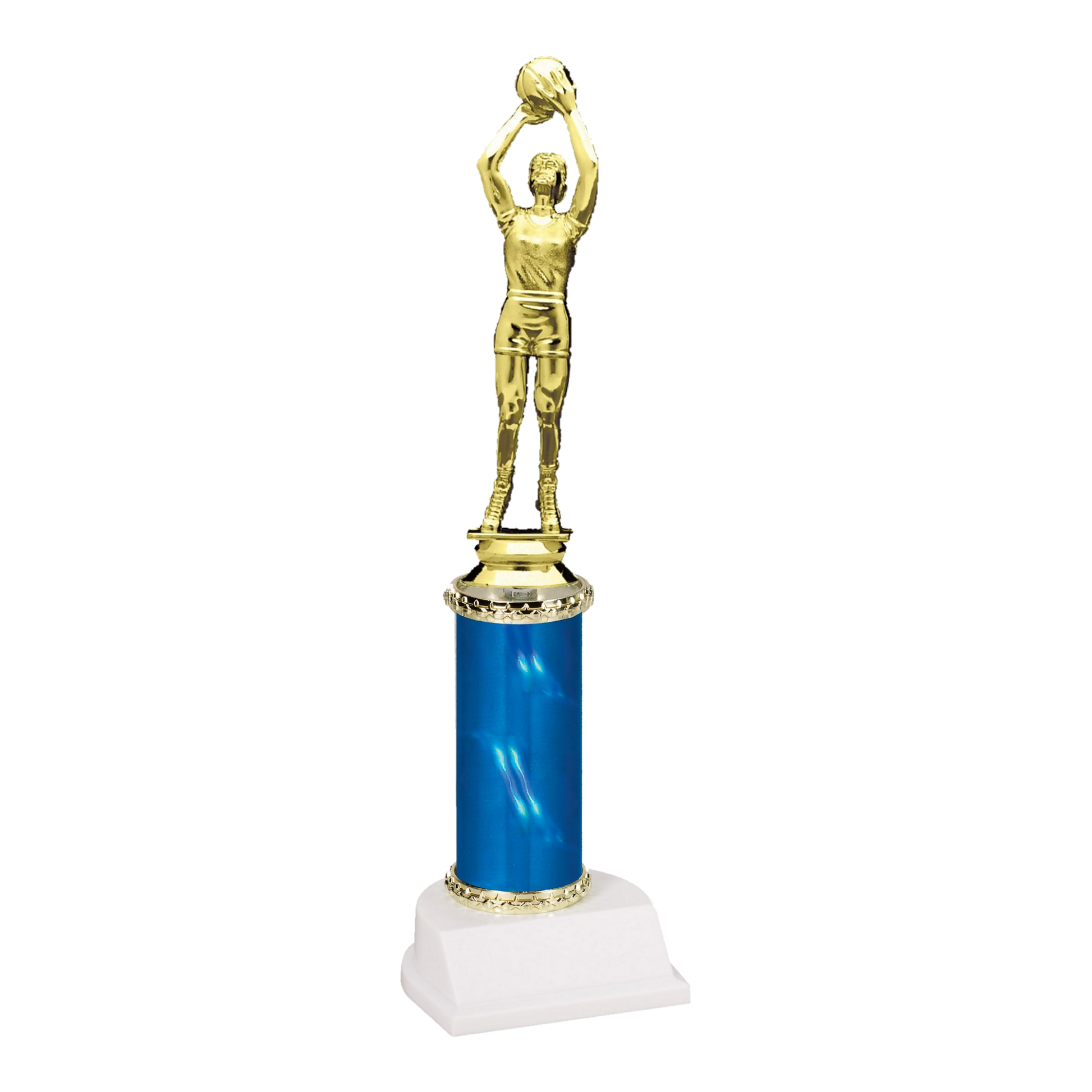 Champion Series Basketball Trophy - Jump Shot, basketball player releasing a jump shot on a blue column with white base