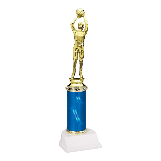 Champion Series Basketball Trophy - Jump Shot, basketball player releasing a jump shot on a blue column with white base
