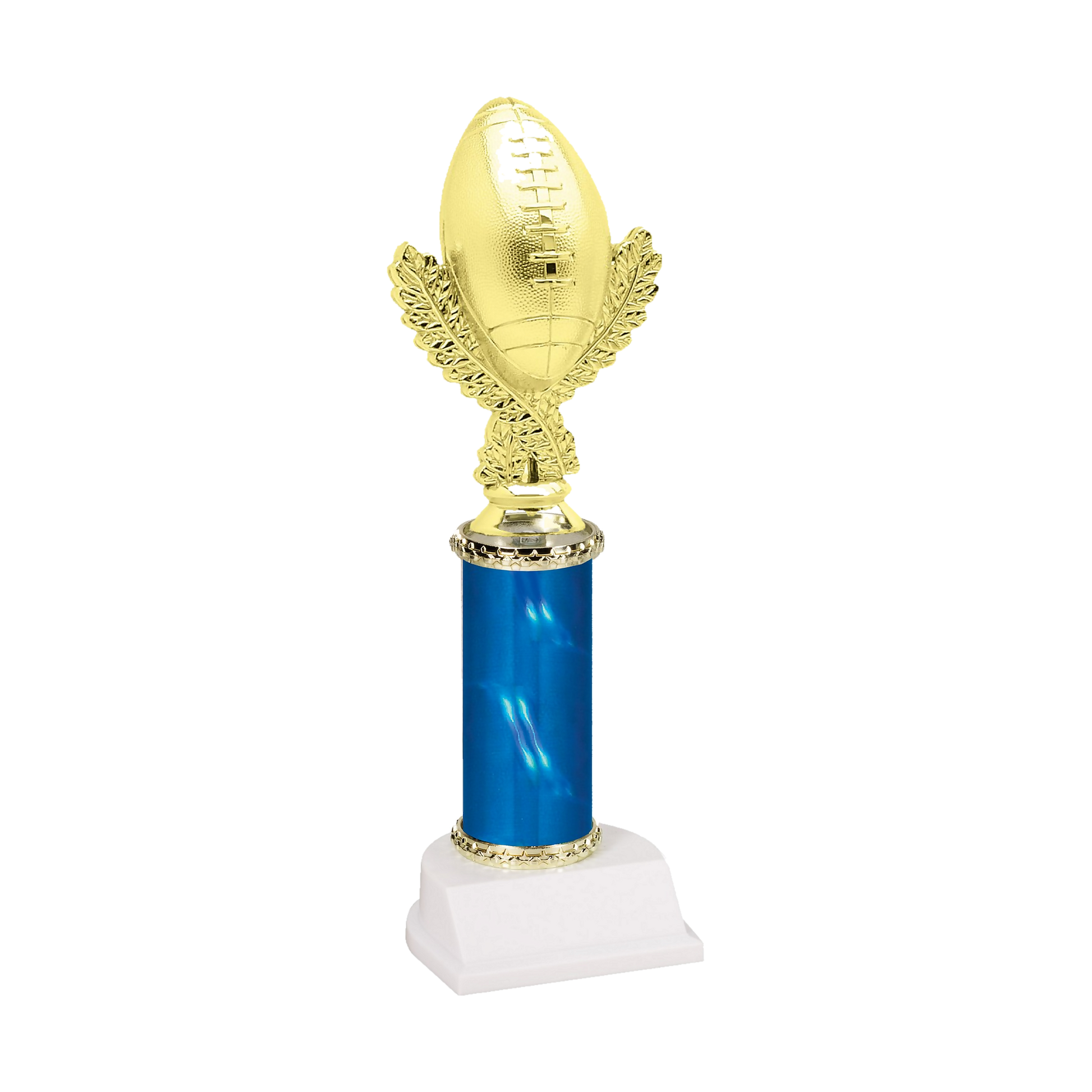 Champion Series Football Trophy - Football & Wreath, gold football standing upright on a laurel wreath riser on a blue column with white base