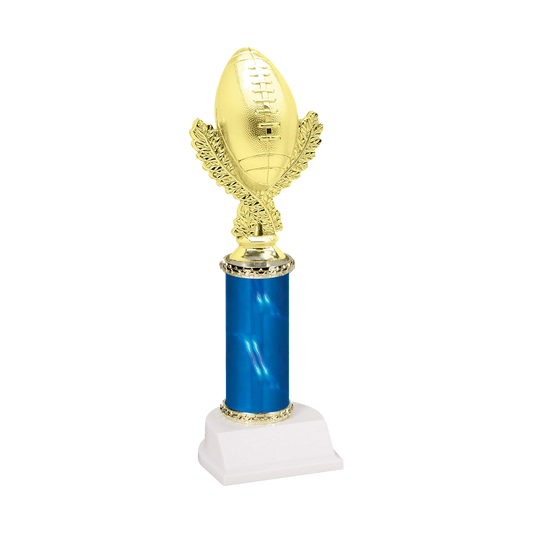 Champion Series Football Trophy - Football & Wreath, gold football standing upright on a laurel wreath riser on a blue column with white base