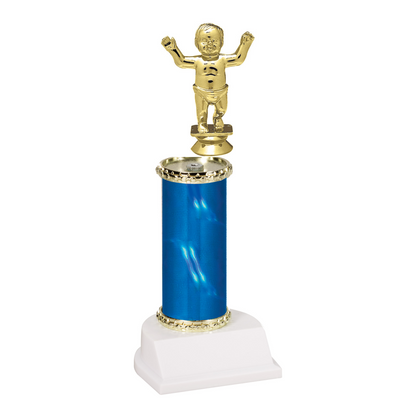Champion Series Rookie Baby Trophy, gold walking baby figure on a blue column with white base