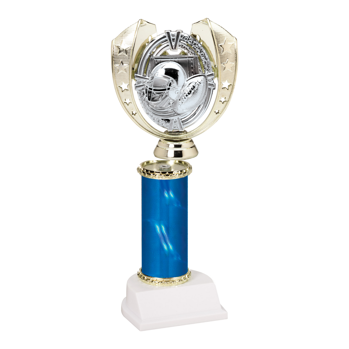 Champion Series Football Trophy - Star Wreath, gold star wreath with silver helmet and footballs on a blue column with white base
