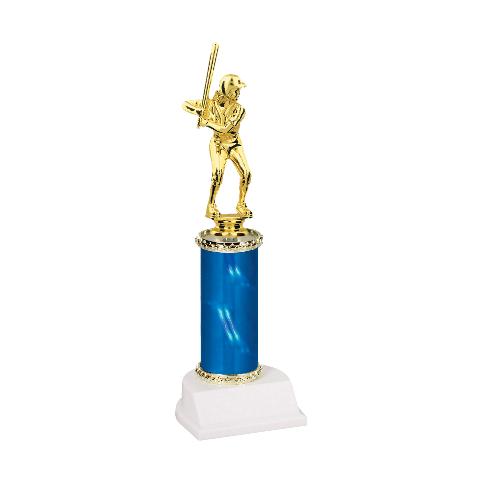 Champion Series Softball Trophy - Slugger, softball batter in a helmet with the bat up on her shoulder on a blue column with white base