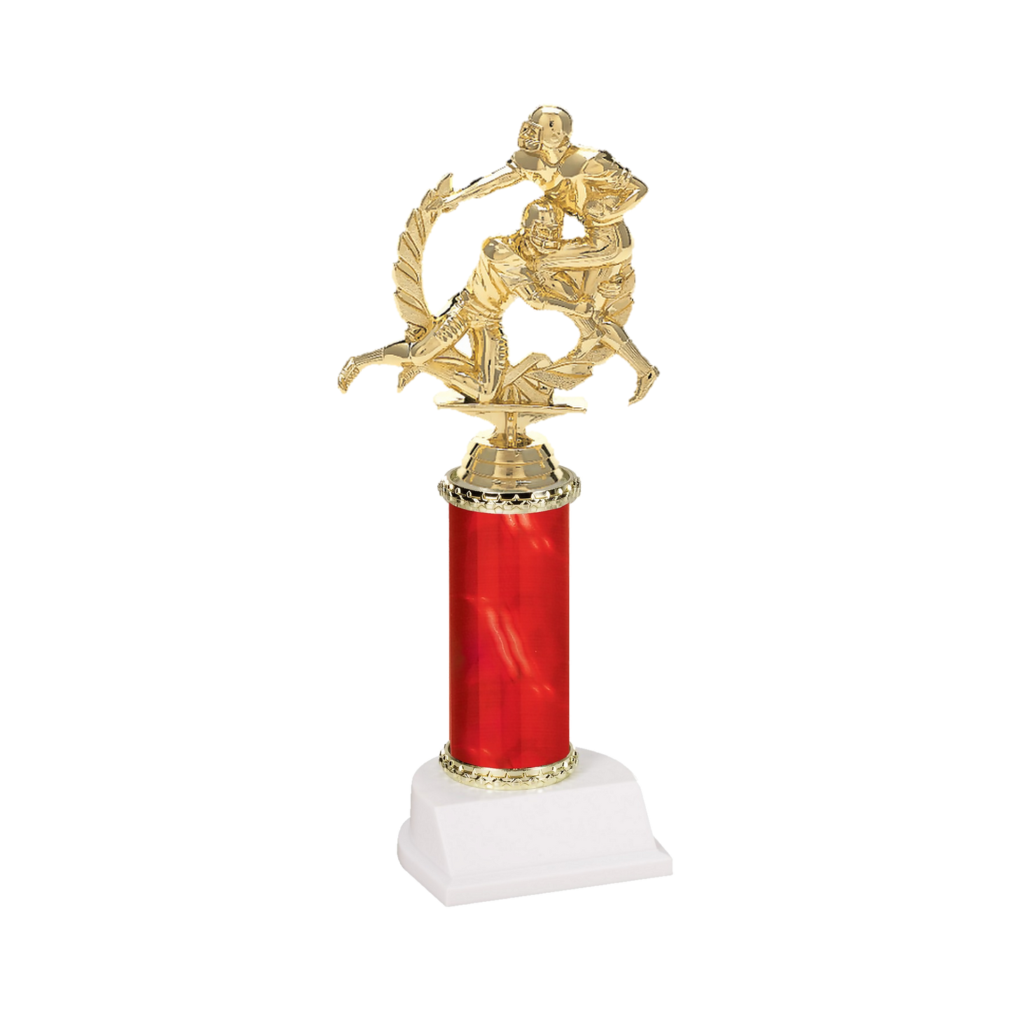 Champion Series Football Trophy - Tackle, football ball carrier meeting a tackler in a laurel wreath on a red column with white base