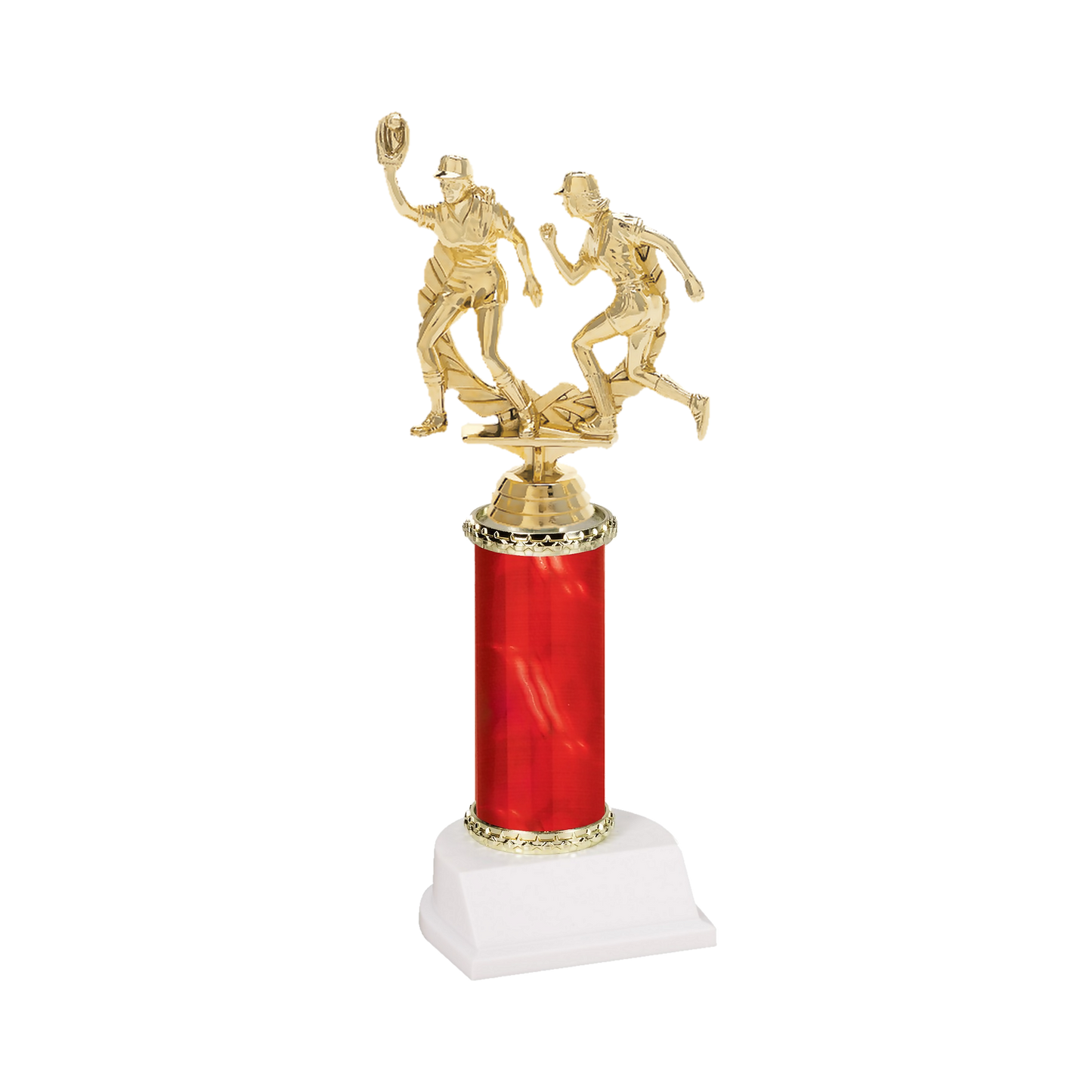 Champion Series Softball Trophy - Double Play, softball fielder making the catch beside a base runner in a laurel wreath on a red column with white base