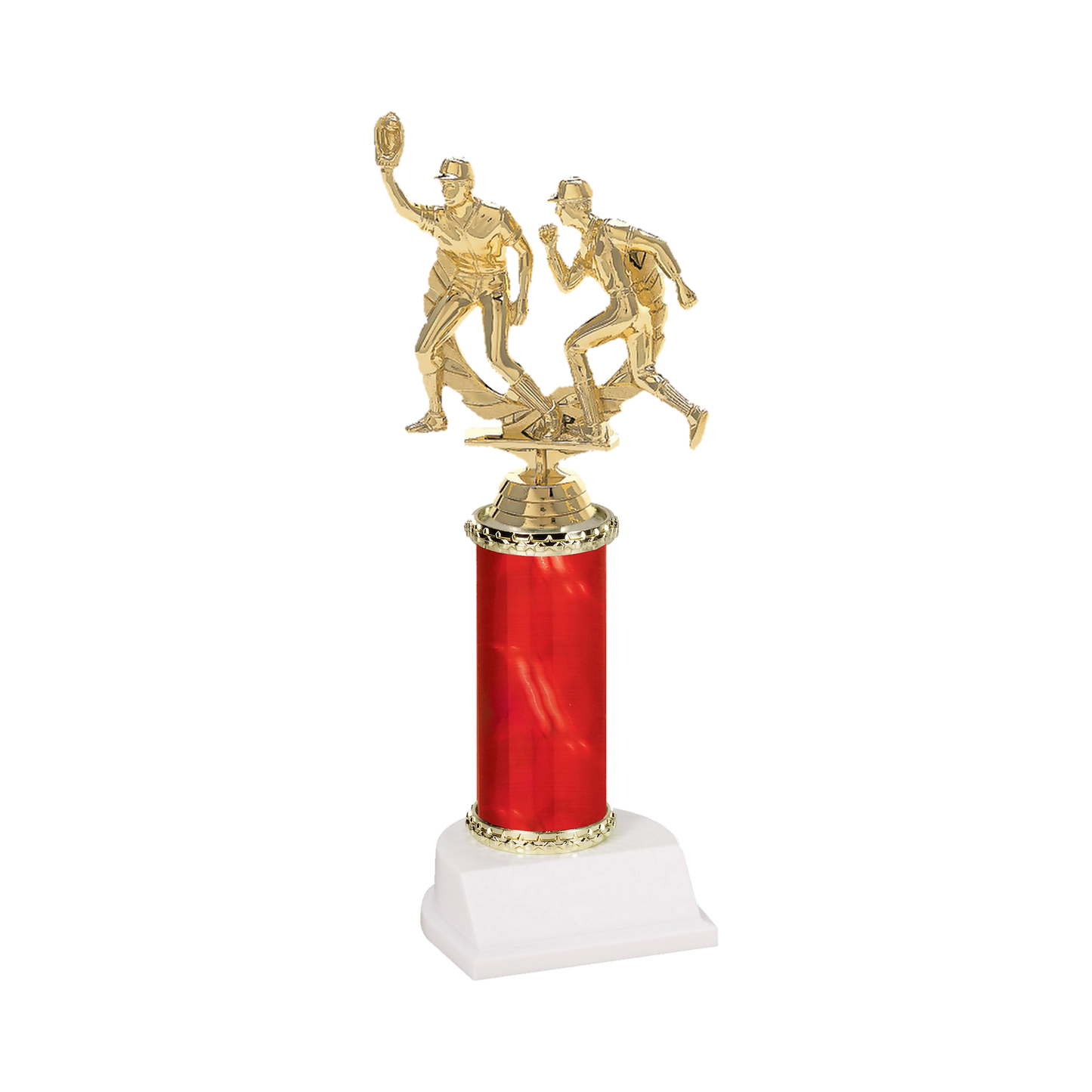 Champion Series Baseball Trophy - Double Play, baseball fielder making the catch beside a base runner in a laurel wreath on a red column with white base