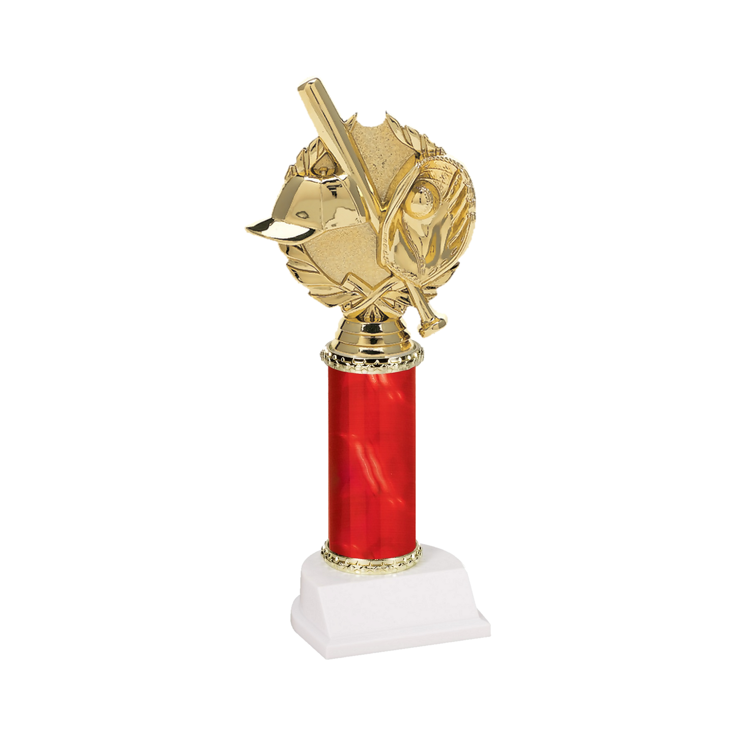 Champion Series Baseball Trophy - Crossed Bats, gold baseball cap, crossed bats, ball and glove in a laurel wreath on a red column with white base