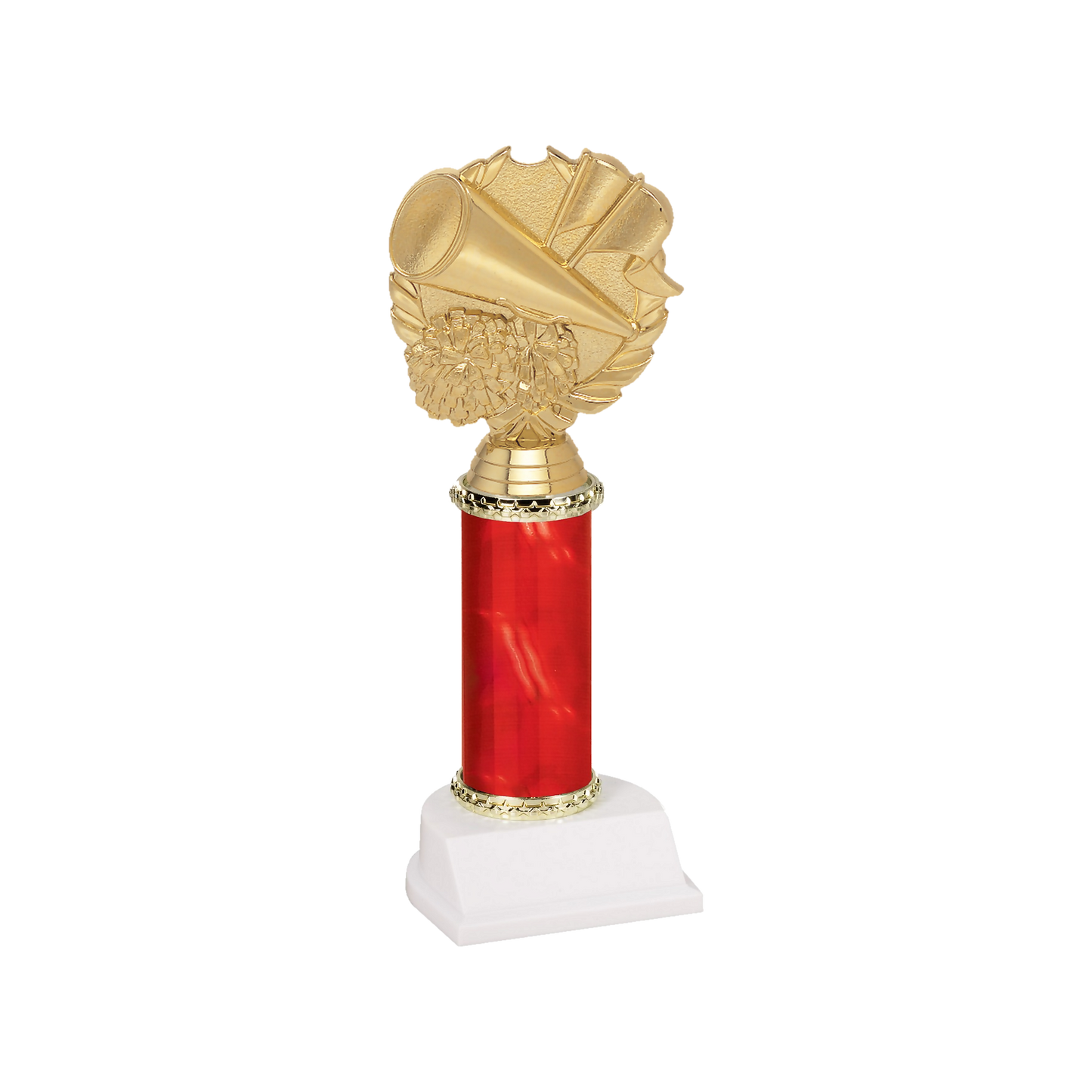 Champion Series Cheerleading Trophy - Megaphone & Wreath, gold megaphone and pom-poms in a laurel wreath on a red column with white base