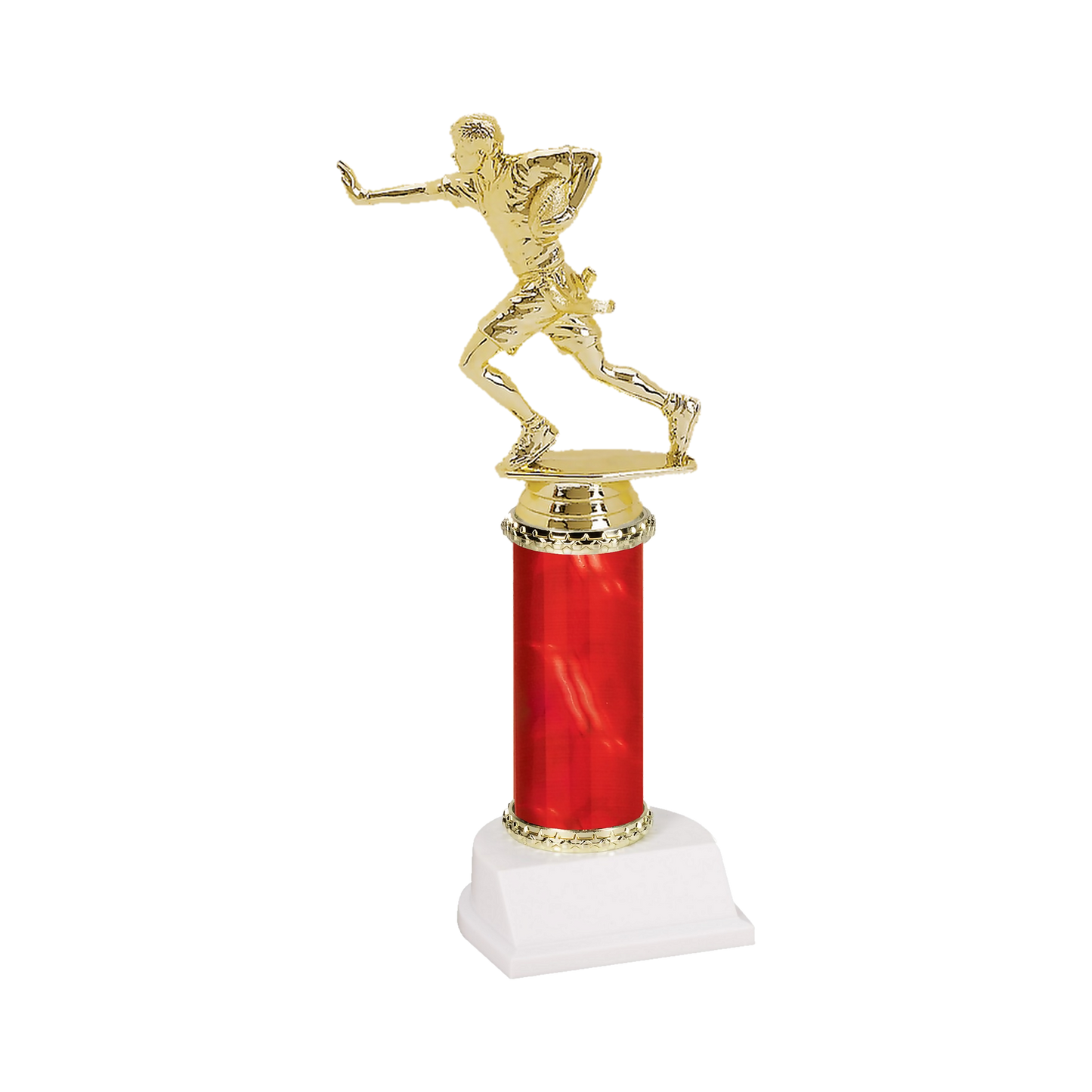 Champion Series Flag Football Trophy, flag football player running with the ball and a flag belt on a red column with white base