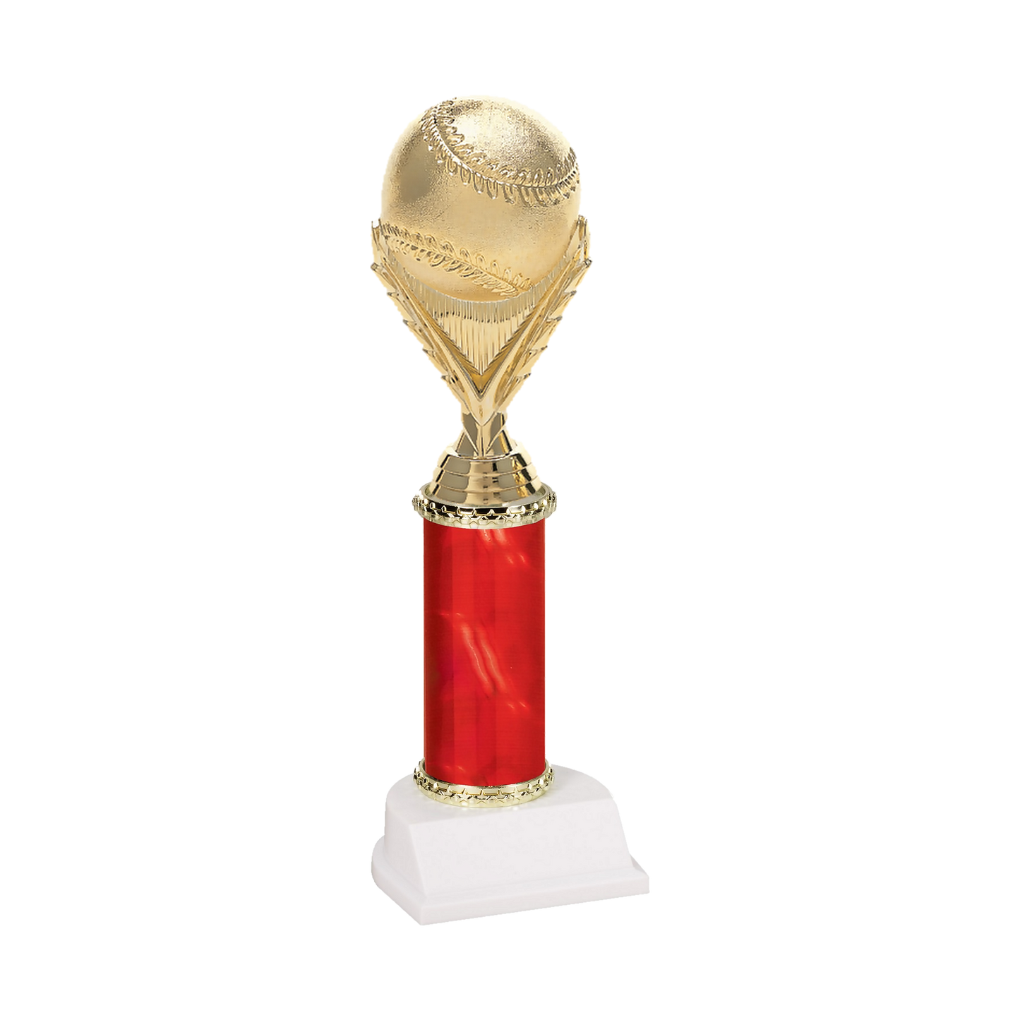 Champion Series Baseball Trophy - Baseball & Wreath, gold baseball resting on a laurel wreath riser on a red column with white base