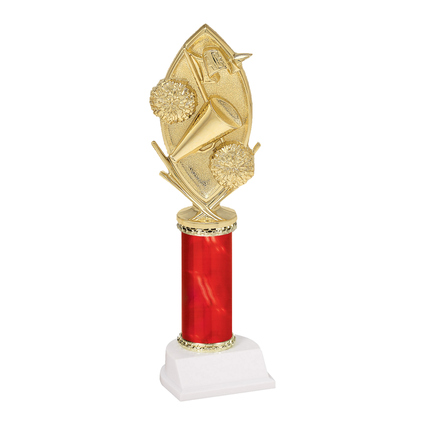 Champion Series Cheerleading Trophy - Megaphone & Pom-Poms, gold megaphone with two pom-poms and crossed batons on a red column with white base