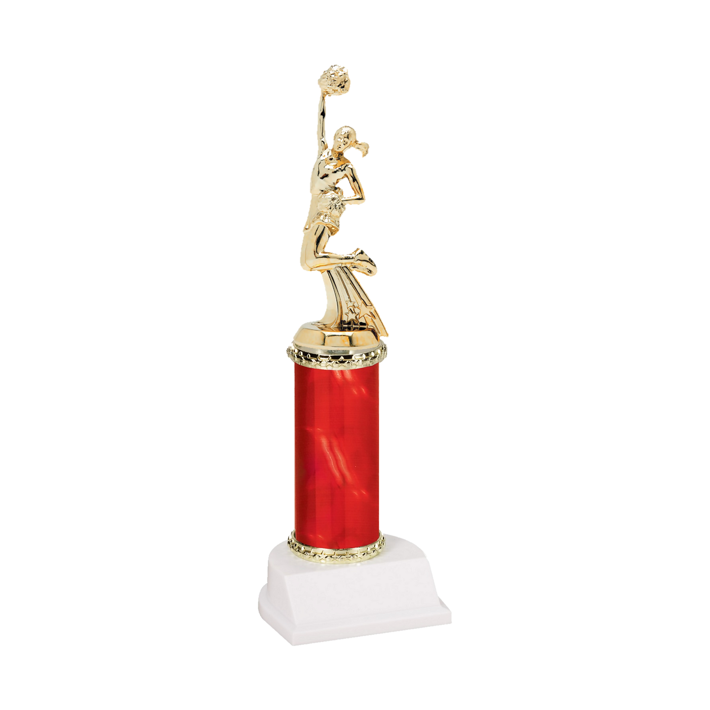 Champion Series Cheerleading Trophy, cheerleader with a pom-pom raised overhead on a red column with white base