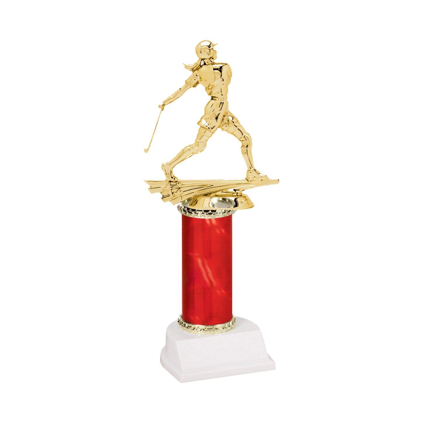 Champion Series Softball Trophy - Batter, softball batter in a helmet finishing her swing on a red column with white base