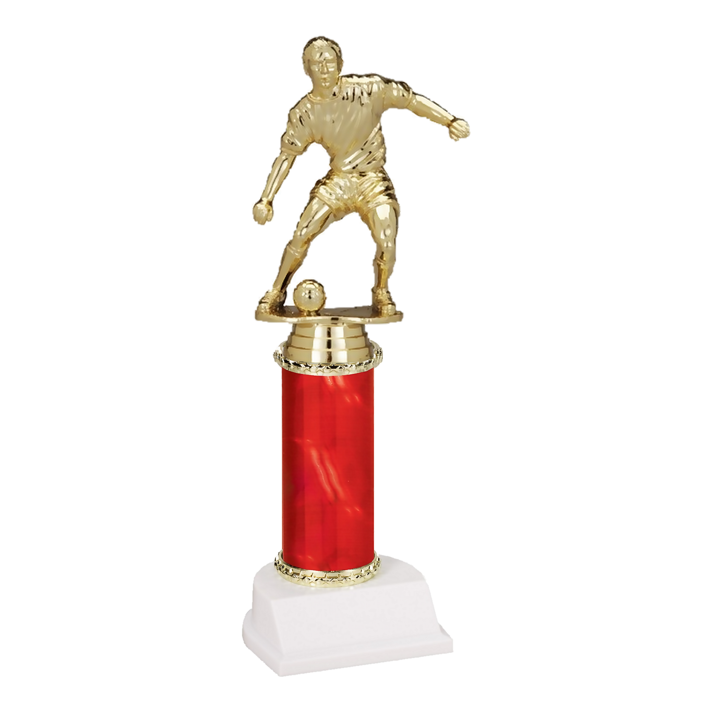 11 inch Champion Series soccer trophy, male figure on red column with white base