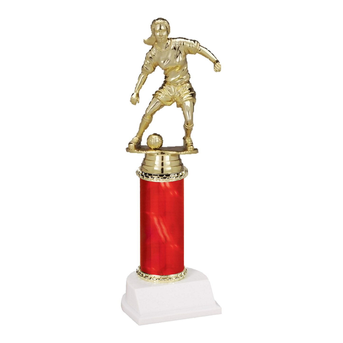 11 inch Champion Series soccer trophy, female figure on red column with white base