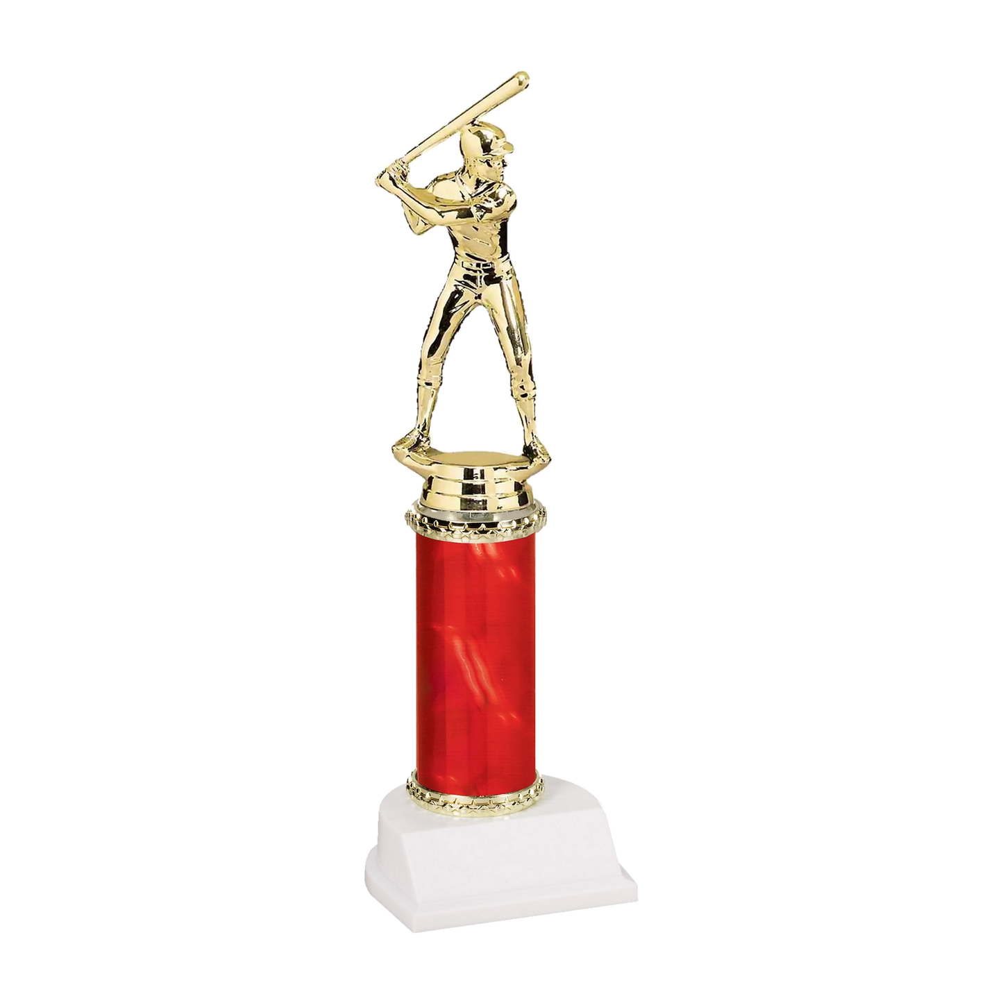 Champion Series Baseball Trophy - Power Hitter, baseball player in a batting helmet with the bat cocked back on a red column with white base
