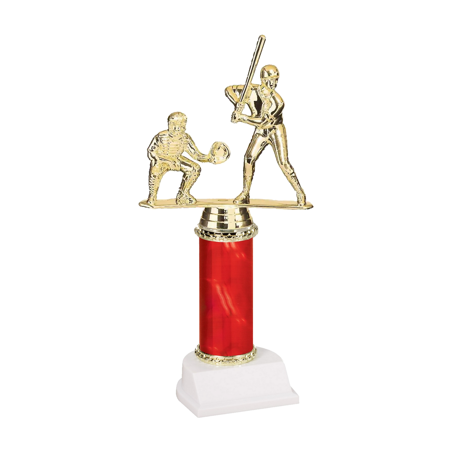 Champion Series Baseball Trophy - Batter & Catcher, baseball batter at the plate with a crouching catcher on a red column with white base