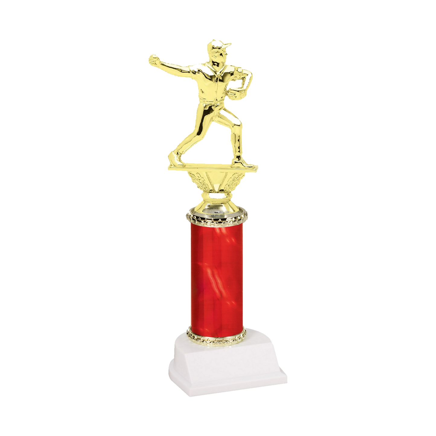 Champion Series Baseball Trophy - Pitcher, baseball pitcher winding up to deliver the pitch on a red column with white base