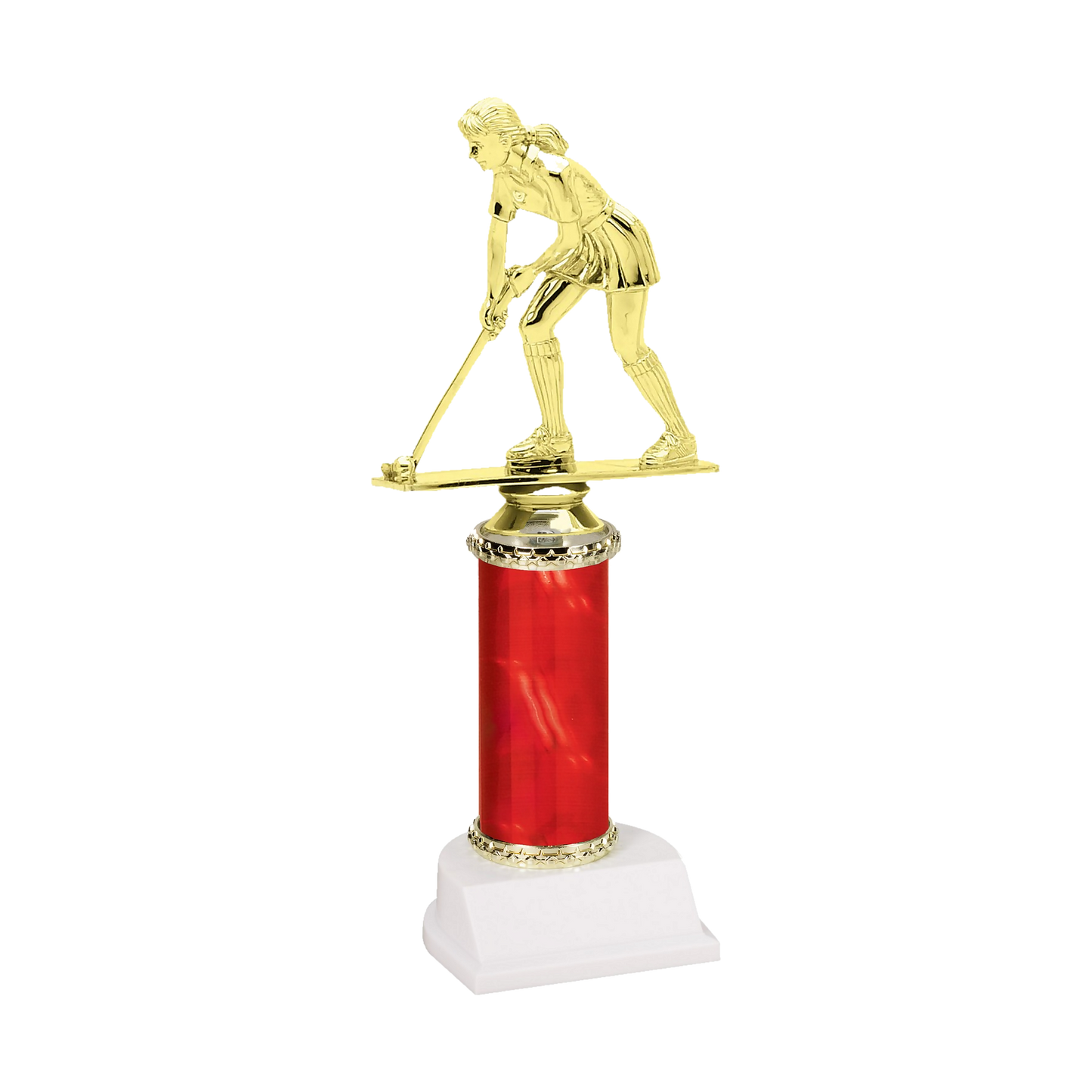 Champion Series Field Hockey Trophy, field hockey player driving the ball with her stick down on a red column with white base