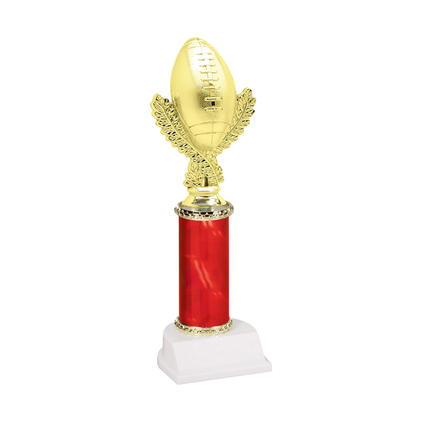 Champion Series Football Trophy - Football & Wreath, gold football standing upright on a laurel wreath riser on a red column with white base
