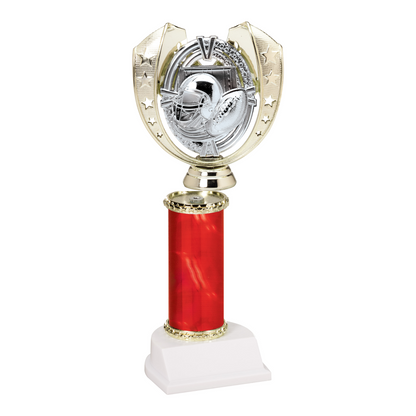 Champion Series Football Trophy - Star Wreath, gold star wreath with silver helmet and footballs on a red column with white base
