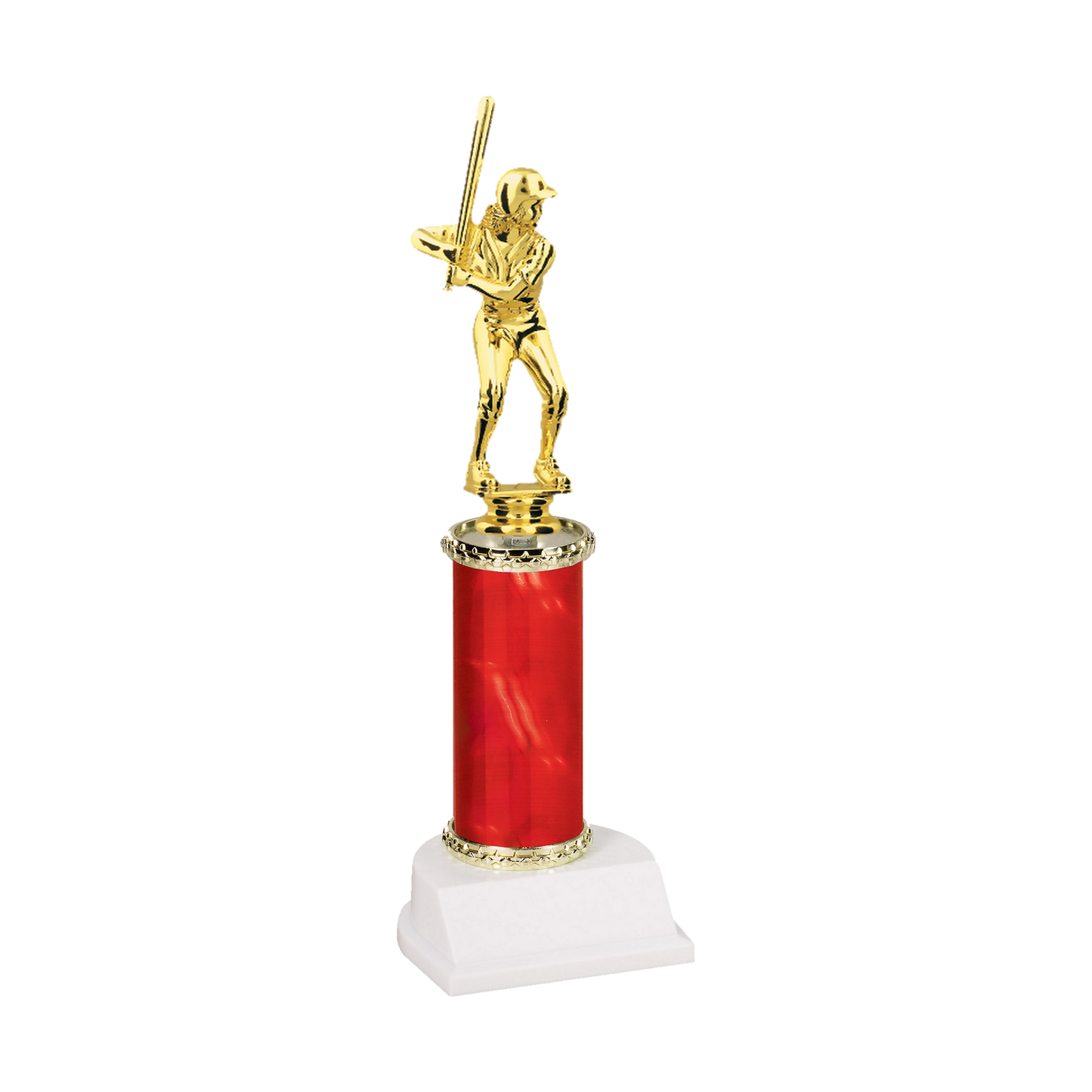 Champion Series Softball Trophy - Slugger, softball batter in a helmet with the bat up on her shoulder on a red column with white base