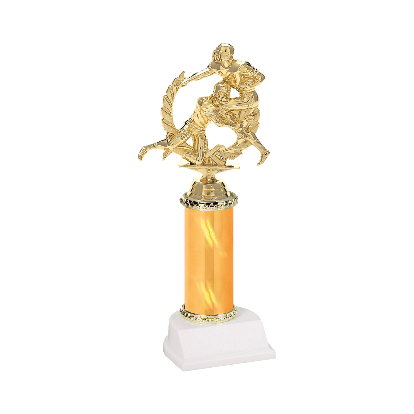 Champion Series Football Trophy - Tackle, football ball carrier meeting a tackler in a laurel wreath on a gold column with white base