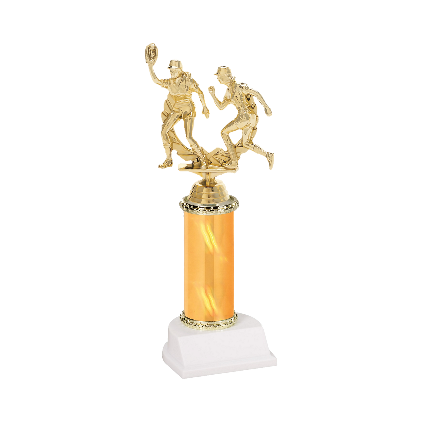 Champion Series Softball Trophy - Double Play, softball fielder making the catch beside a base runner in a laurel wreath on a gold column with white base