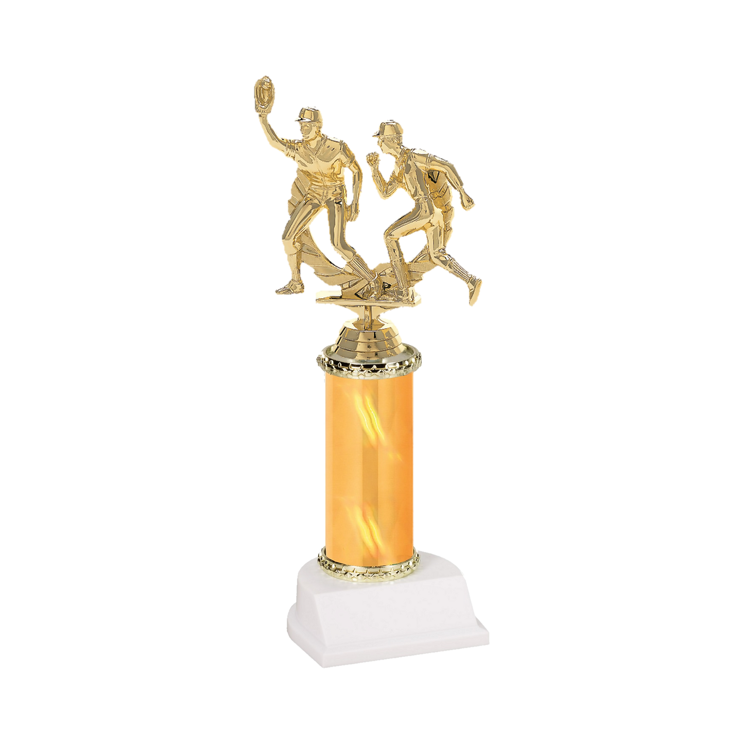 Champion Series Baseball Trophy - Double Play, baseball fielder making the catch beside a base runner in a laurel wreath on a gold column with white base