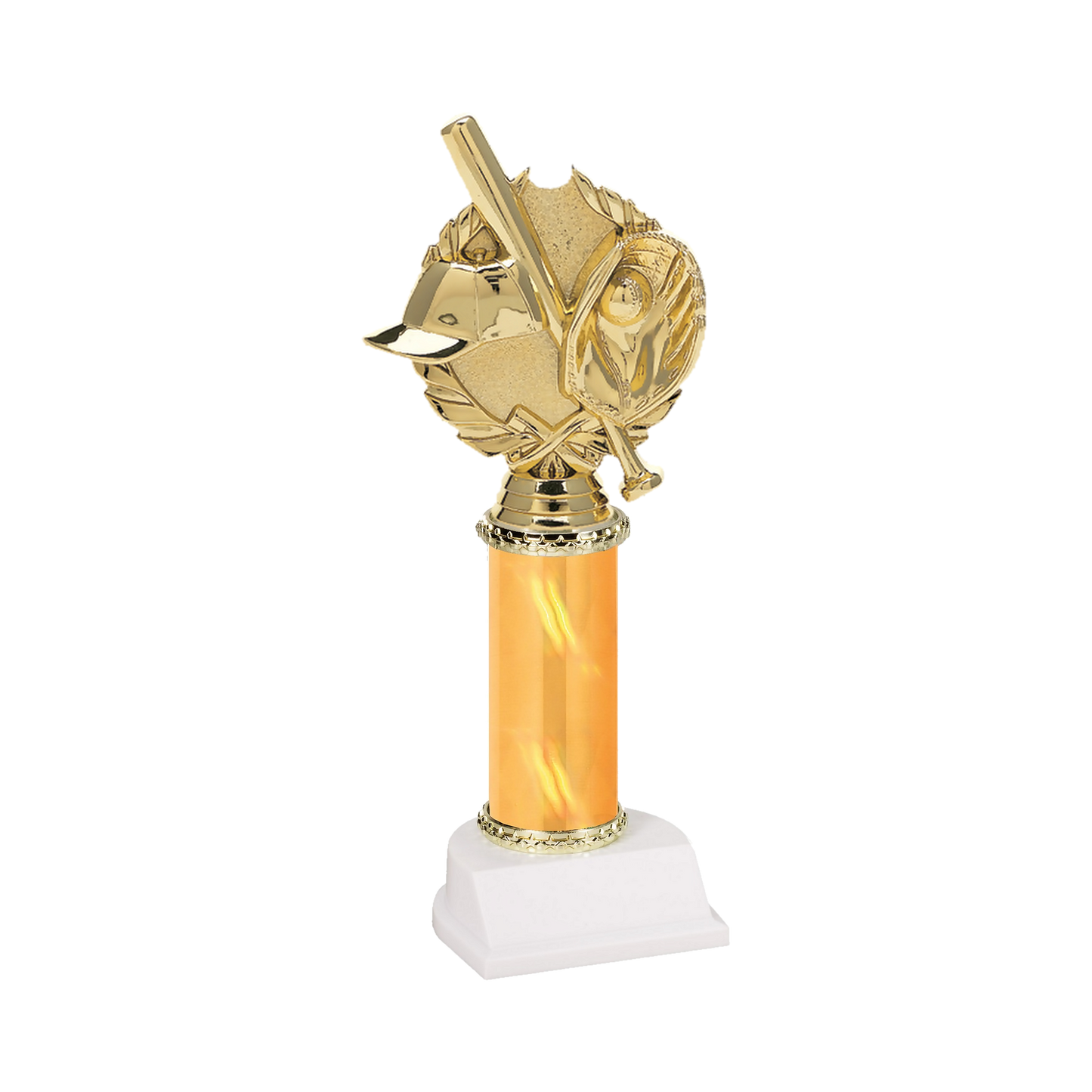 Champion Series Baseball Trophy - Crossed Bats, gold baseball cap, crossed bats, ball and glove in a laurel wreath on a gold column with white base
